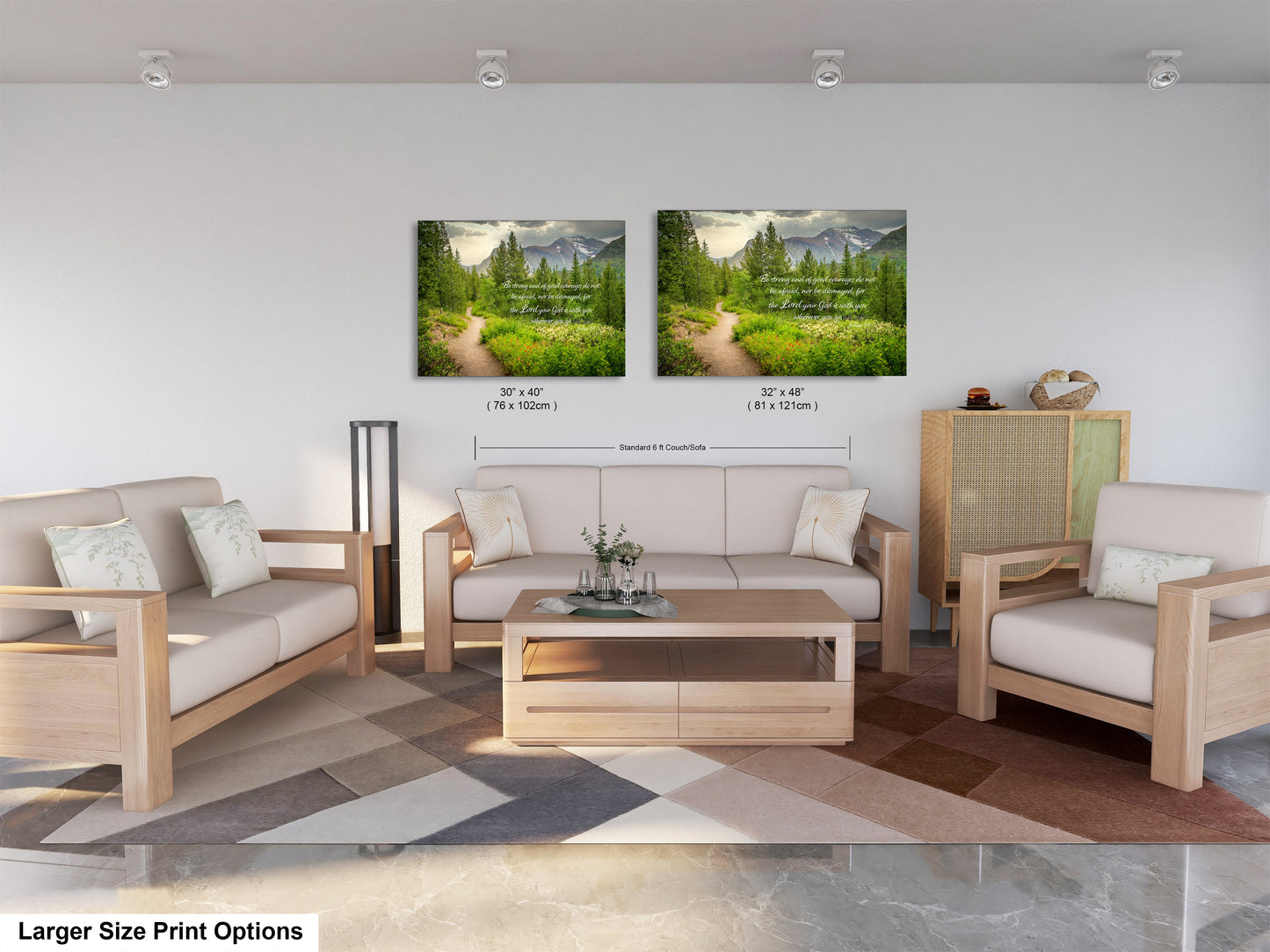 a living room with two pictures on the wall