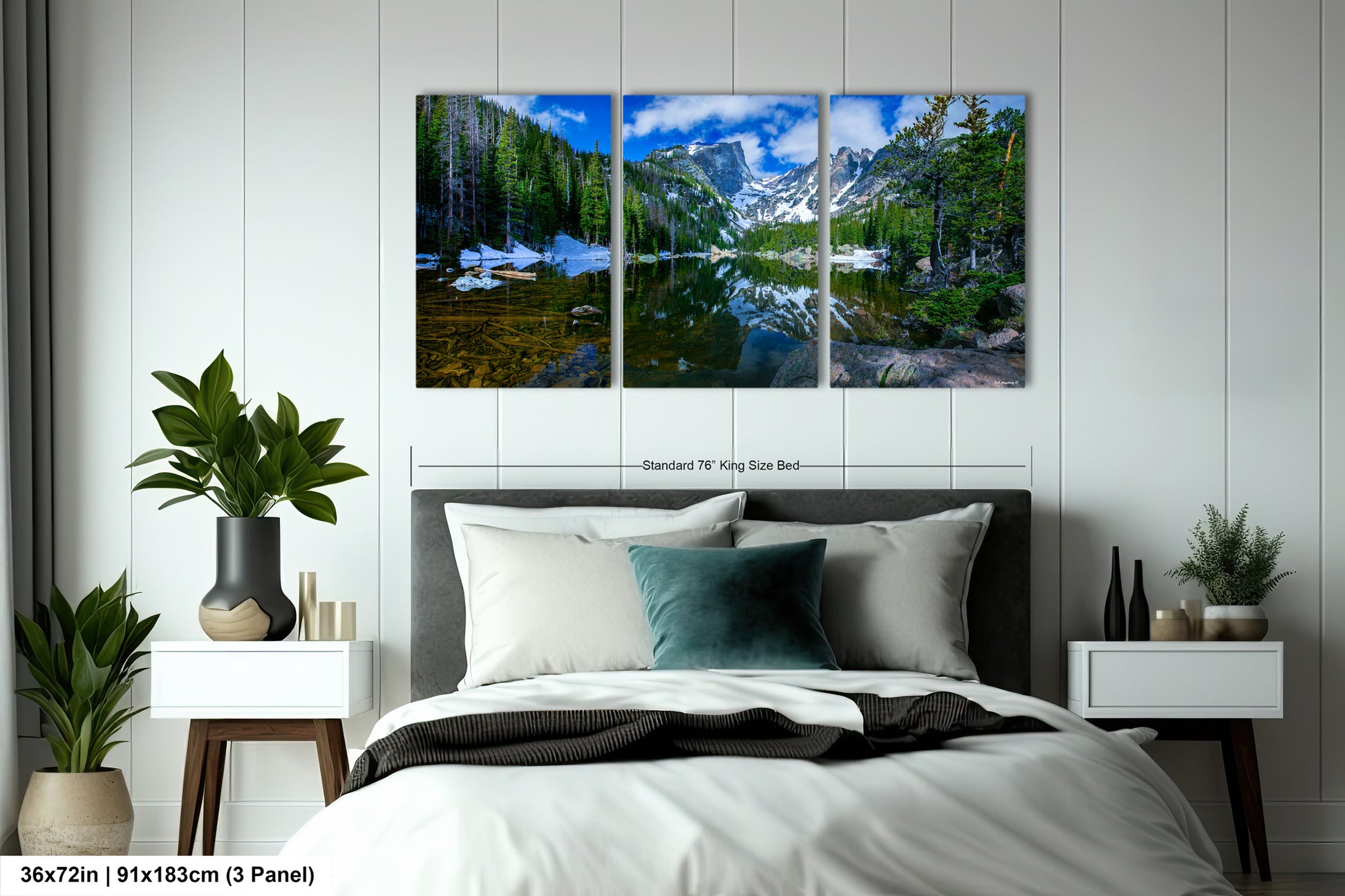 a bedroom scene with a bed and two paintings on the wall