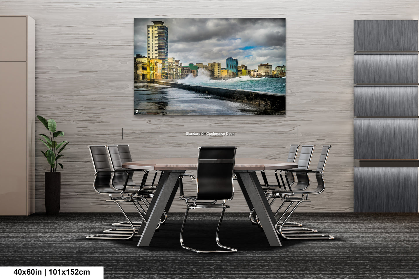 a dining room table with chairs and a painting on the wall