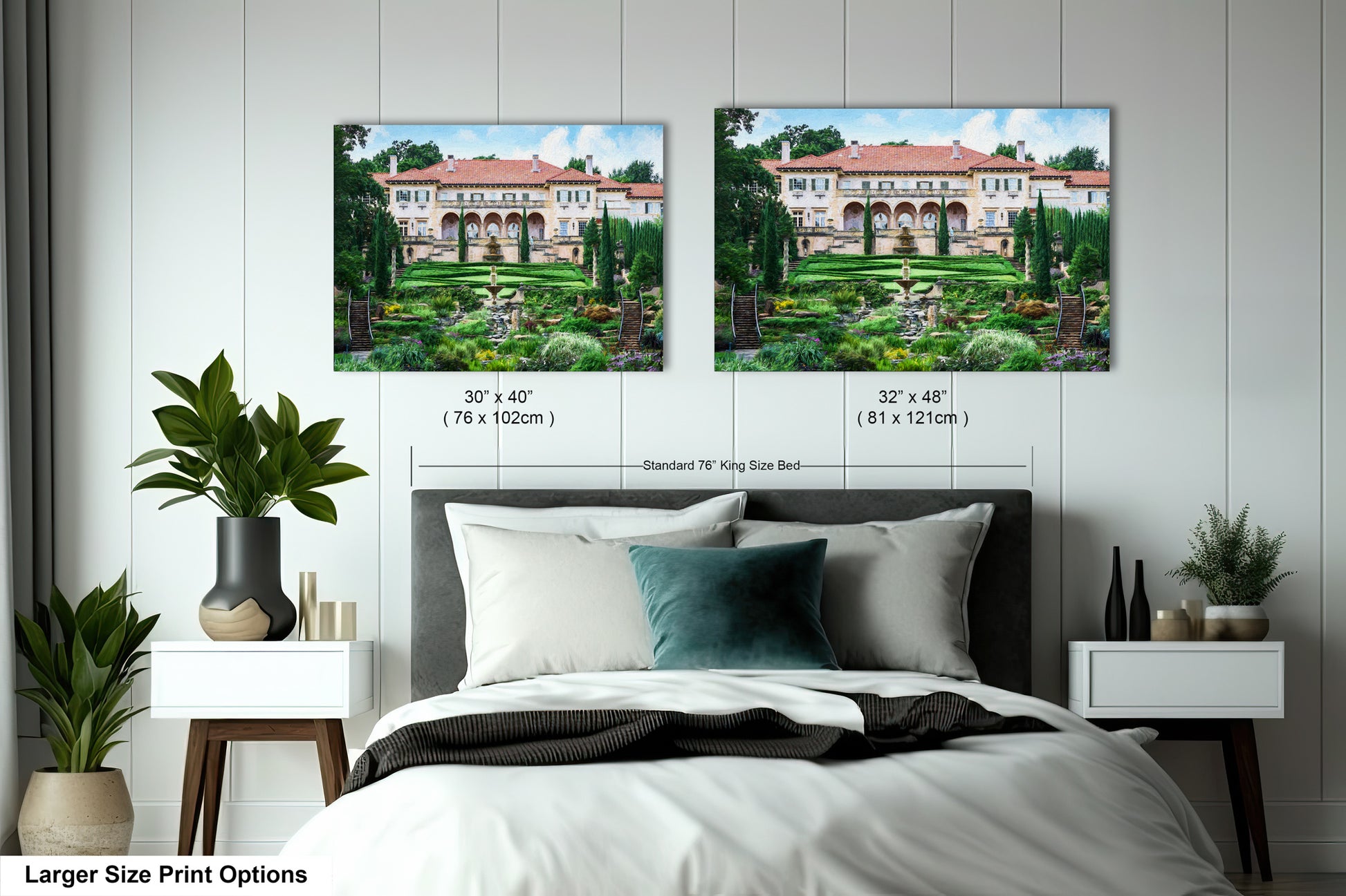 a bedroom with a large bed and two pictures on the wall
