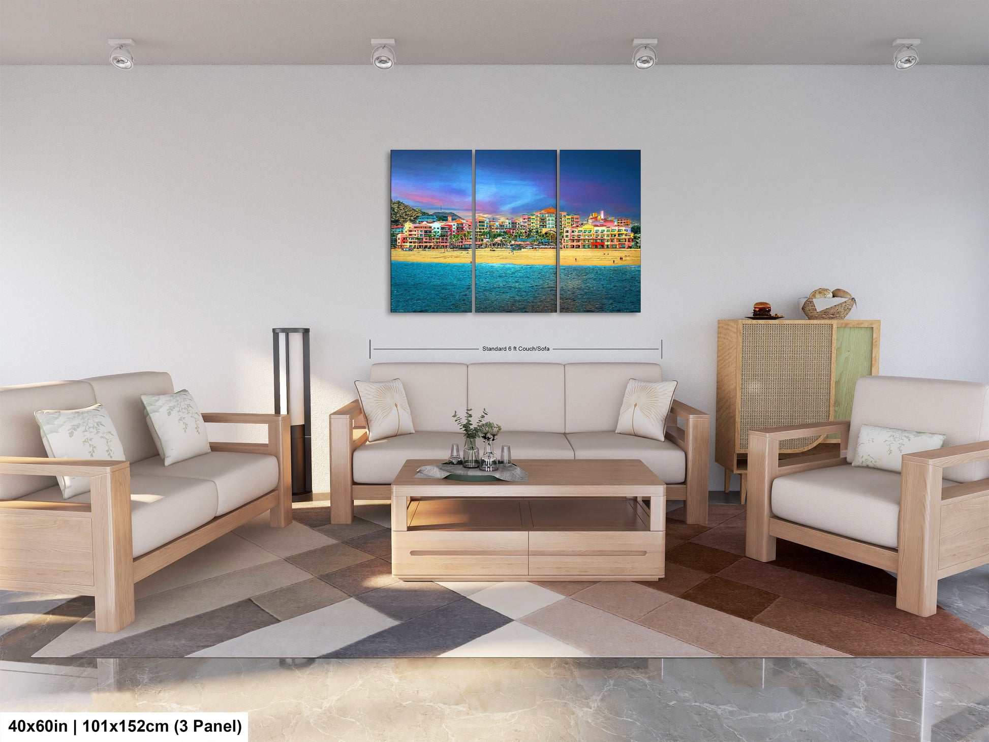 a living room filled with furniture and a painting on the wall
