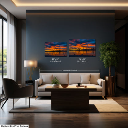 a modern living room with a large window, a white sofa, a coffee table, and a potted plant. The room has a minimalist and contemporary design, with a large wall art piece featuring a sunset landscape as the focal point.