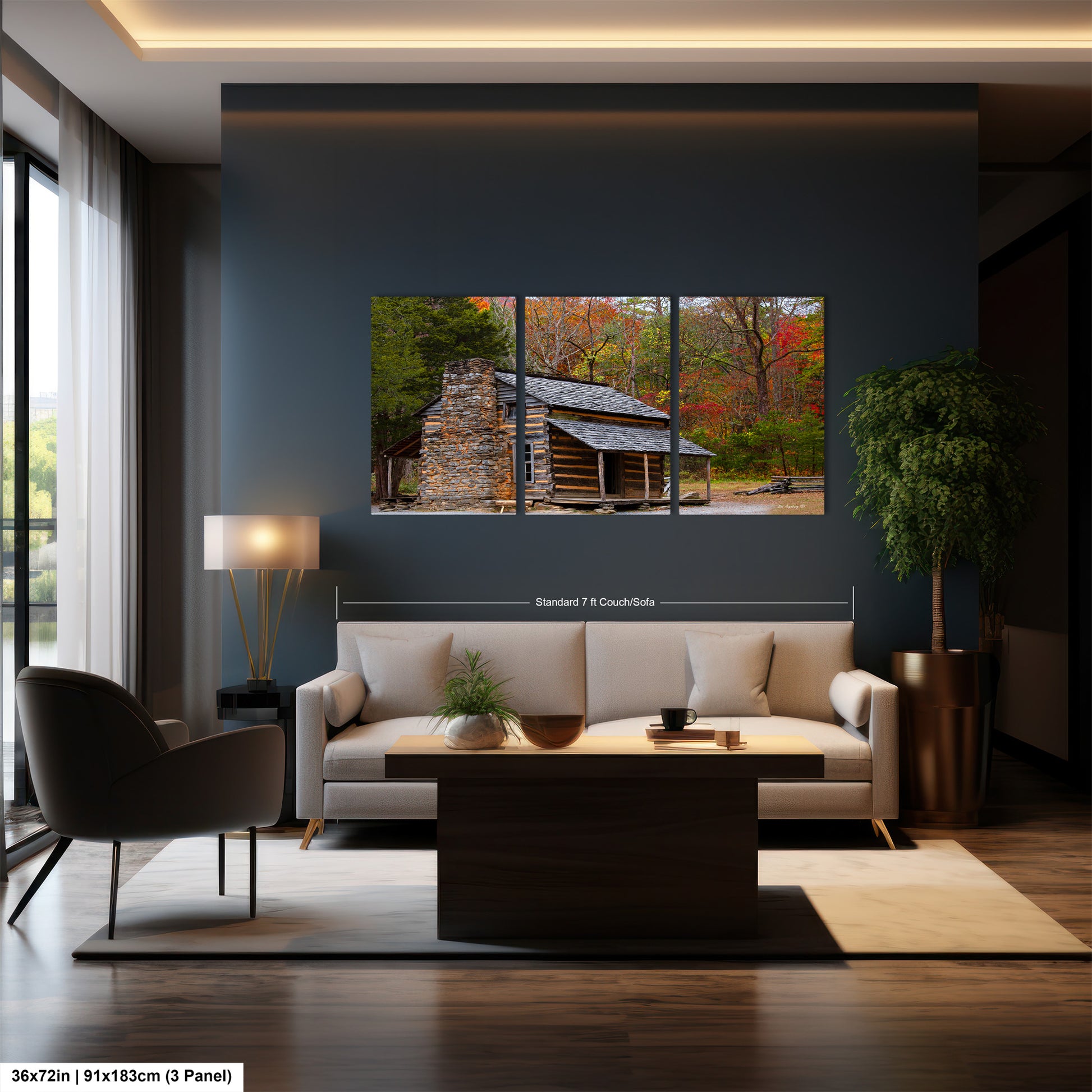 a living room filled with furniture and a painting on the wall