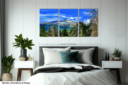 a bedroom scene with a bed and two paintings on the wall