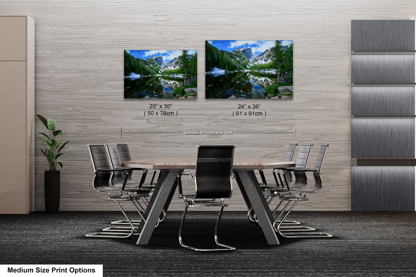 a dining room table with chairs and two pictures on the wall