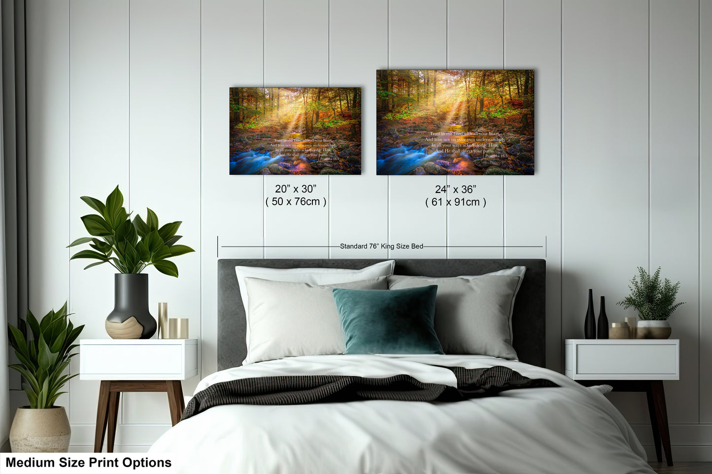 a bed room with a neatly made bed and two pictures on the wall