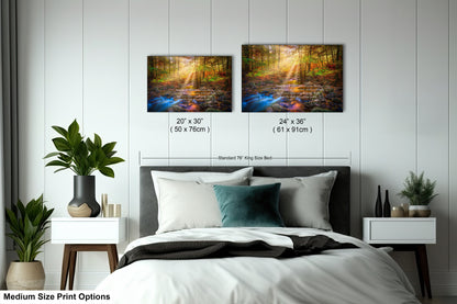 a bed room with a neatly made bed and two pictures on the wall