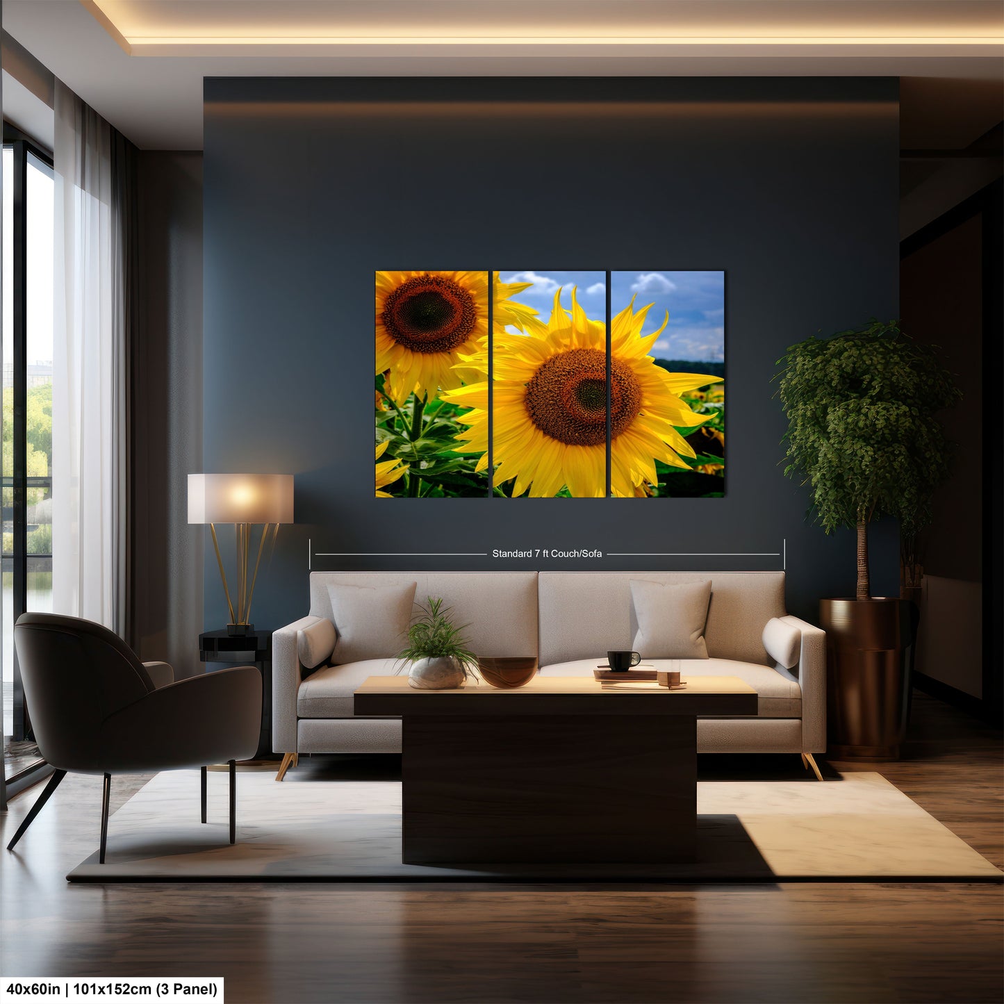 a living room filled with furniture and a painting of sunflowers