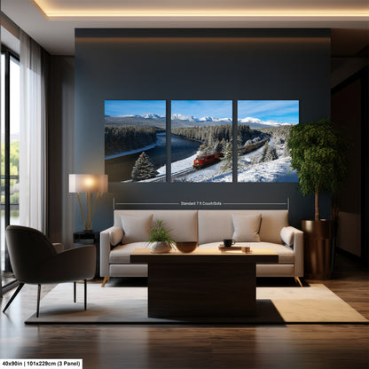 A modern living room with a large, three-panel landscape painting depicting a snowy mountain scene with a train passing through.