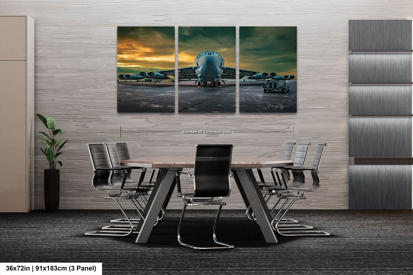 a dining room table with chairs and a painting of an airplane
