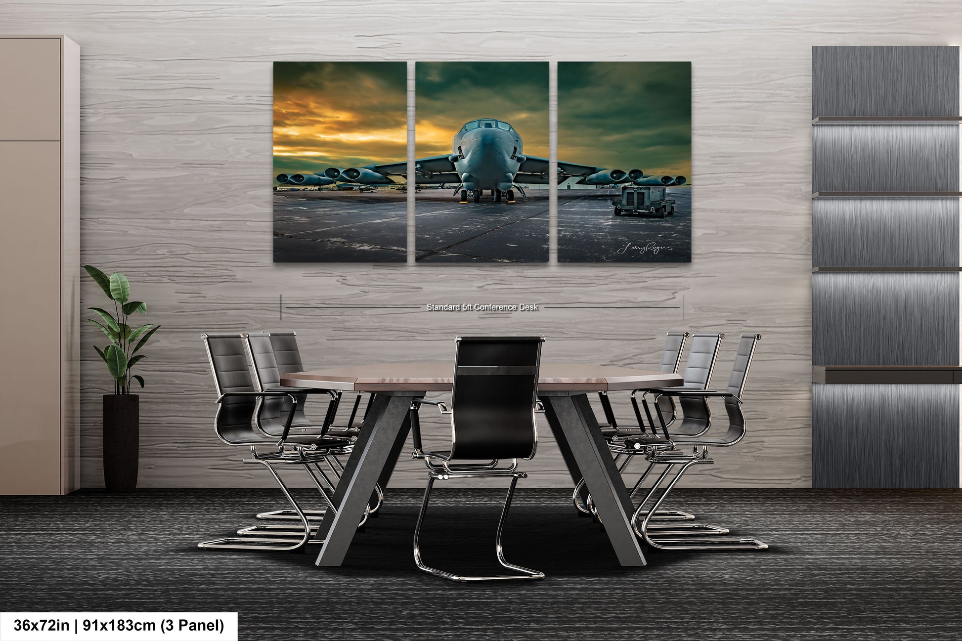 a dining room table with chairs and a painting of an airplane