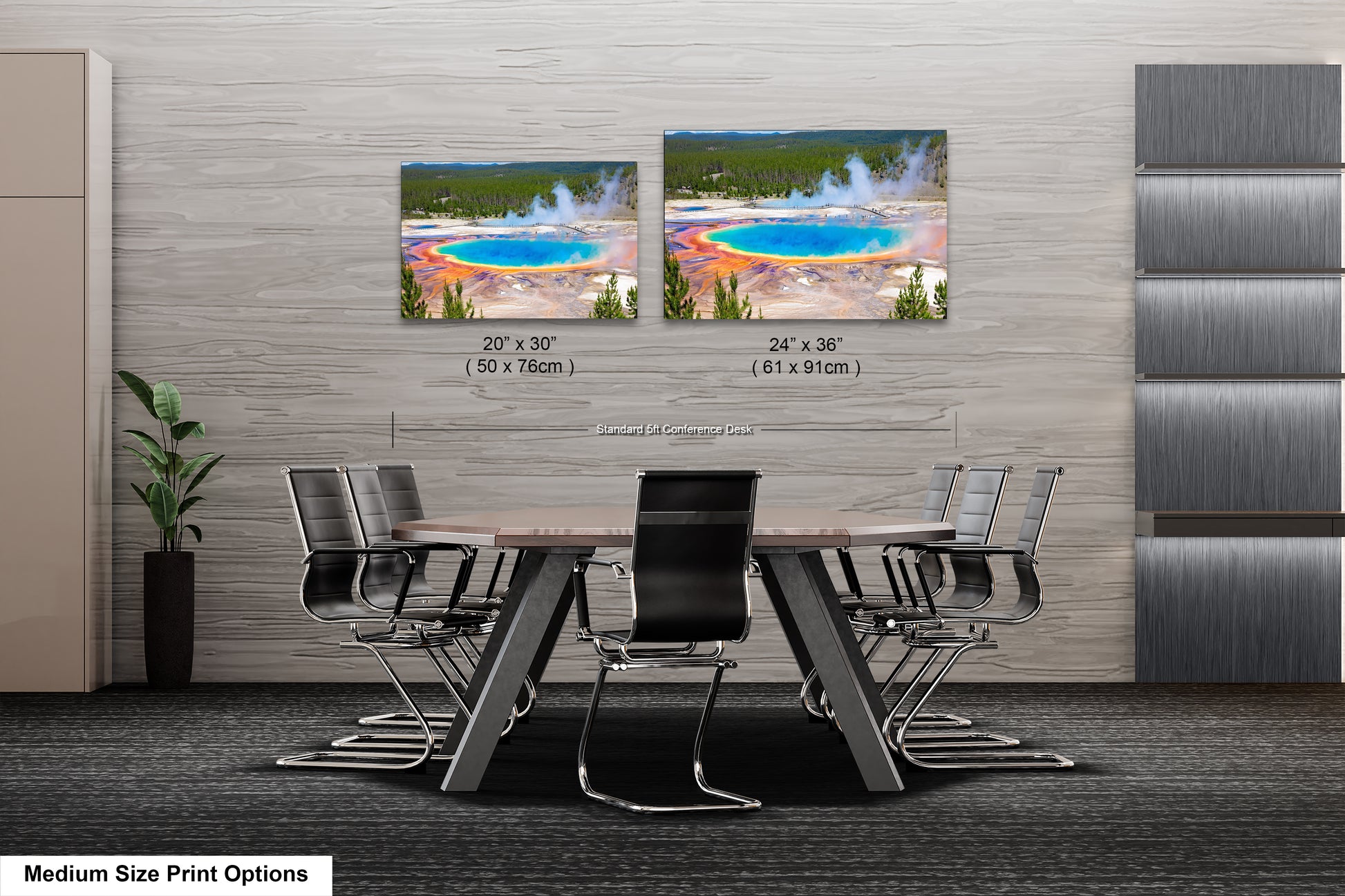 a dining room table with chairs next to a wall with pictures of a hot spring