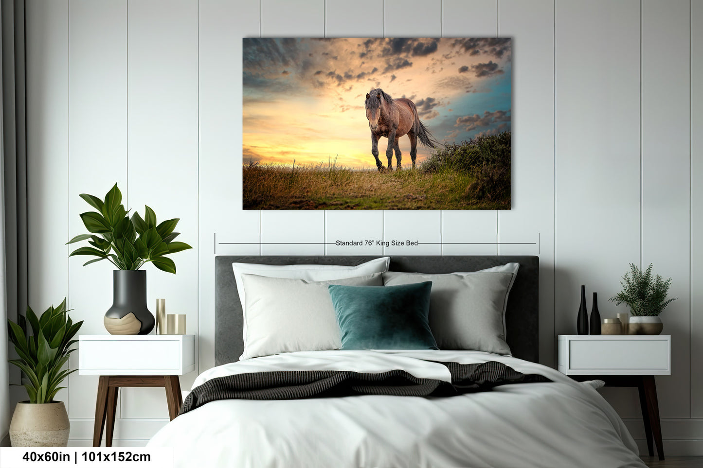 a bedroom with a bed and a painting on the wall