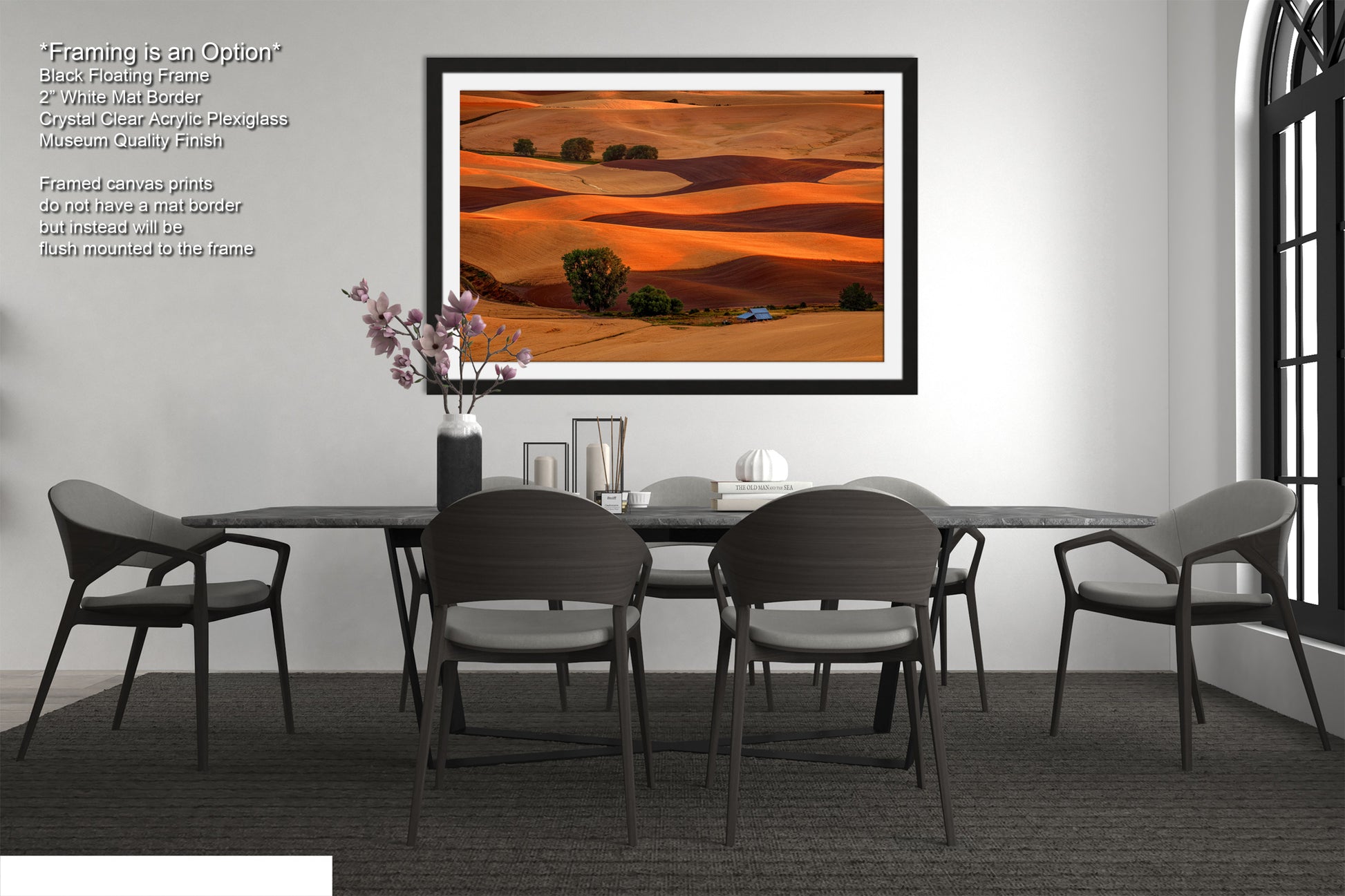 a picture of a dining room with a table and chairs