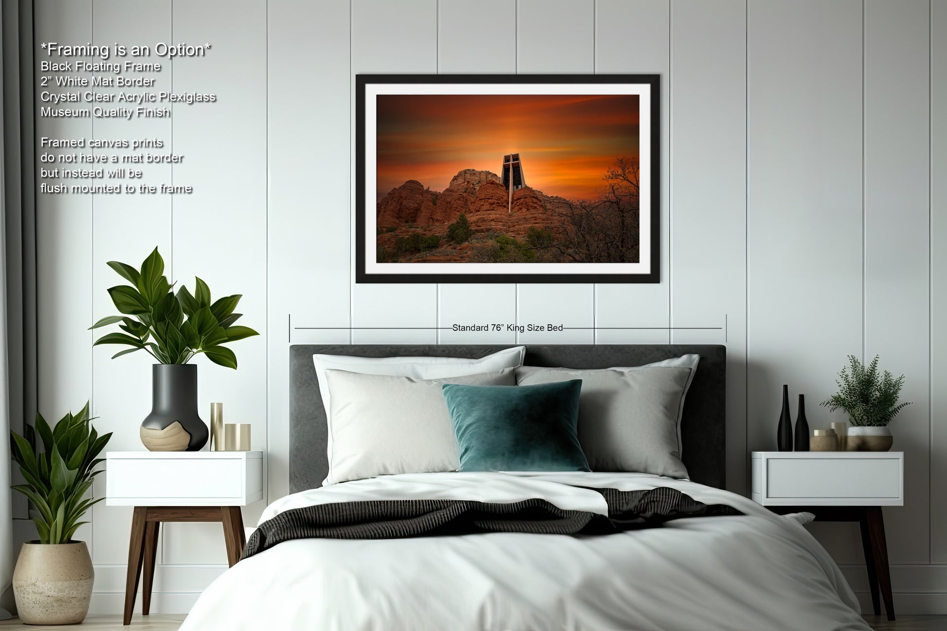 a bedroom with a bed and a picture hanging on the wall