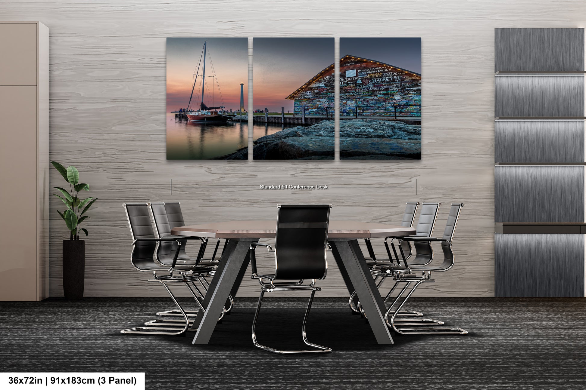 The image is a modern living room with a large, three-panel artwork depicting a seascape with a building and a boat in the background. The room is furnished with a sofa, two chairs, and a coffee table, creating a comfortable and inviting atmosphere.
