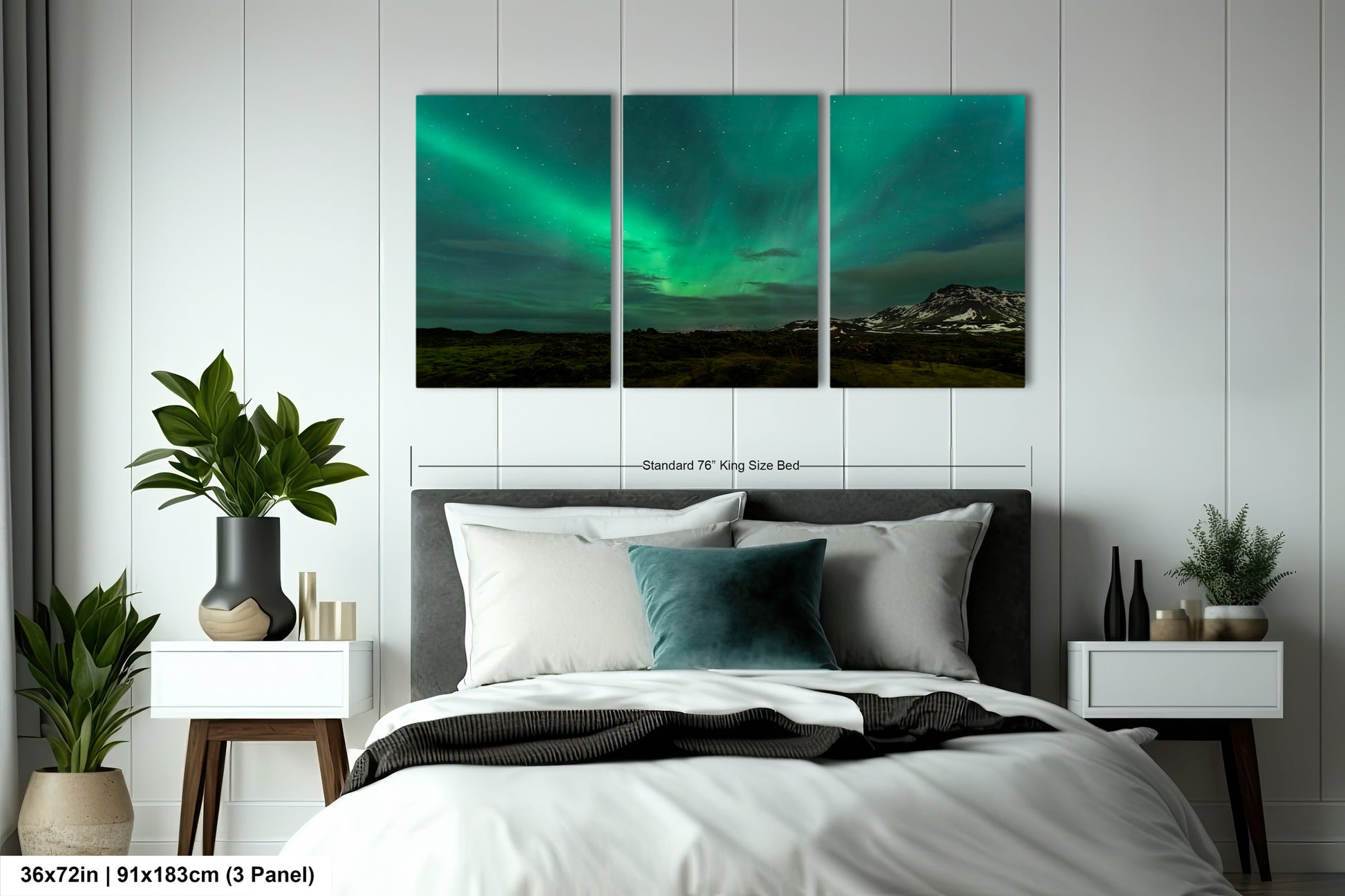 a bed room with a neatly made bed and two paintings on the wall