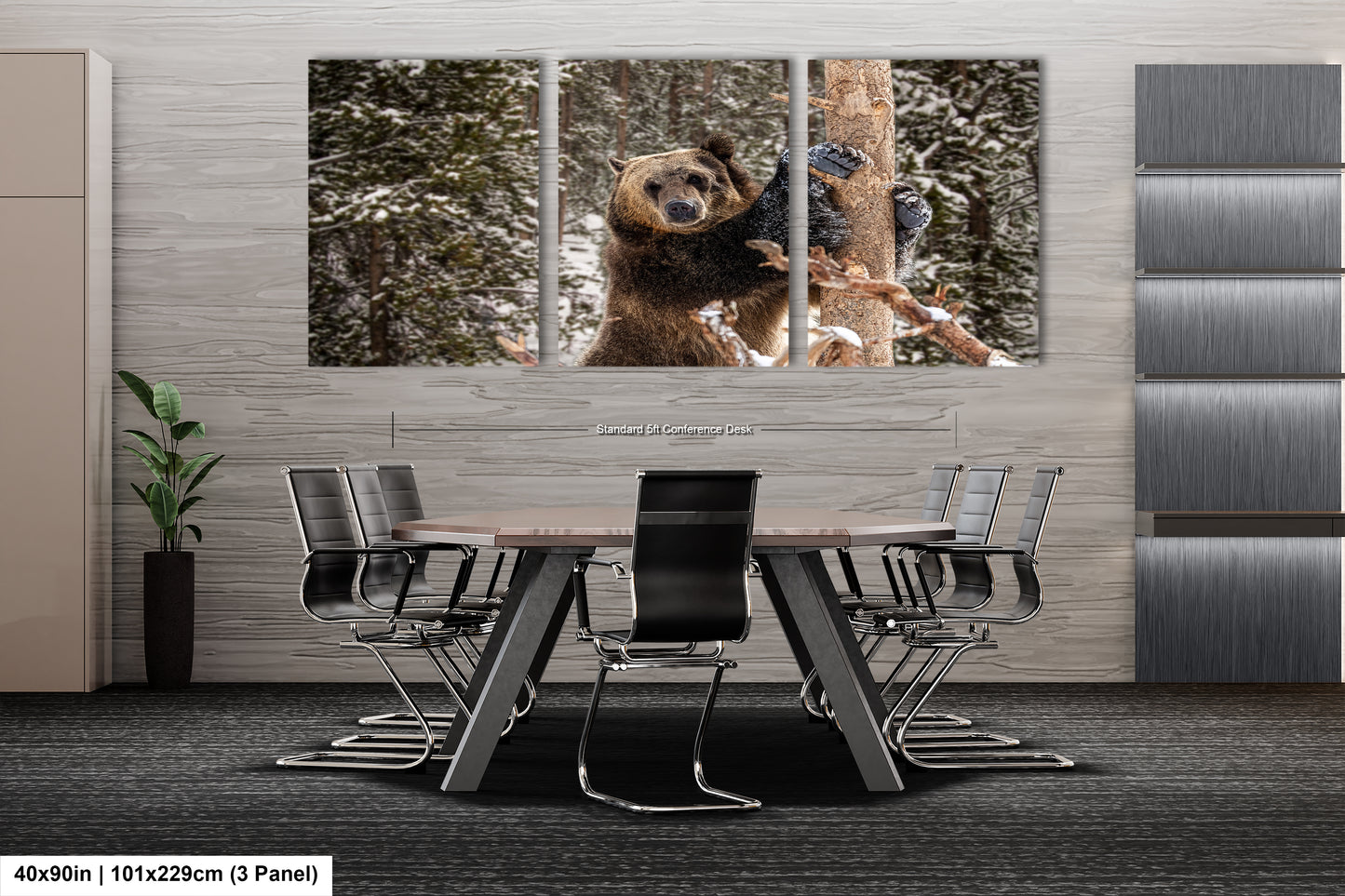 a table with chairs and a wall mounted picture of a bear