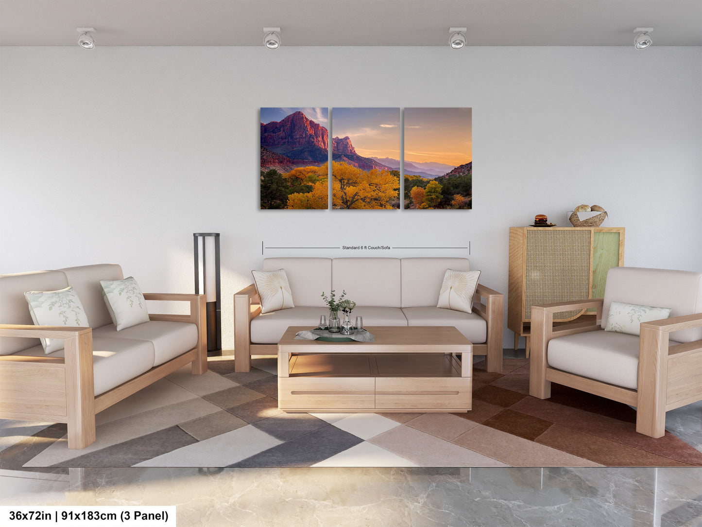 a living room filled with furniture and a painting on the wall