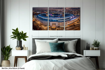 a bed room with a neatly made bed and two pictures on the wall