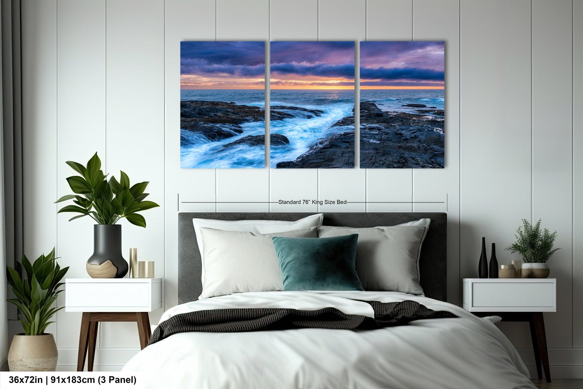 a bedroom scene with focus on the bed and the ocean