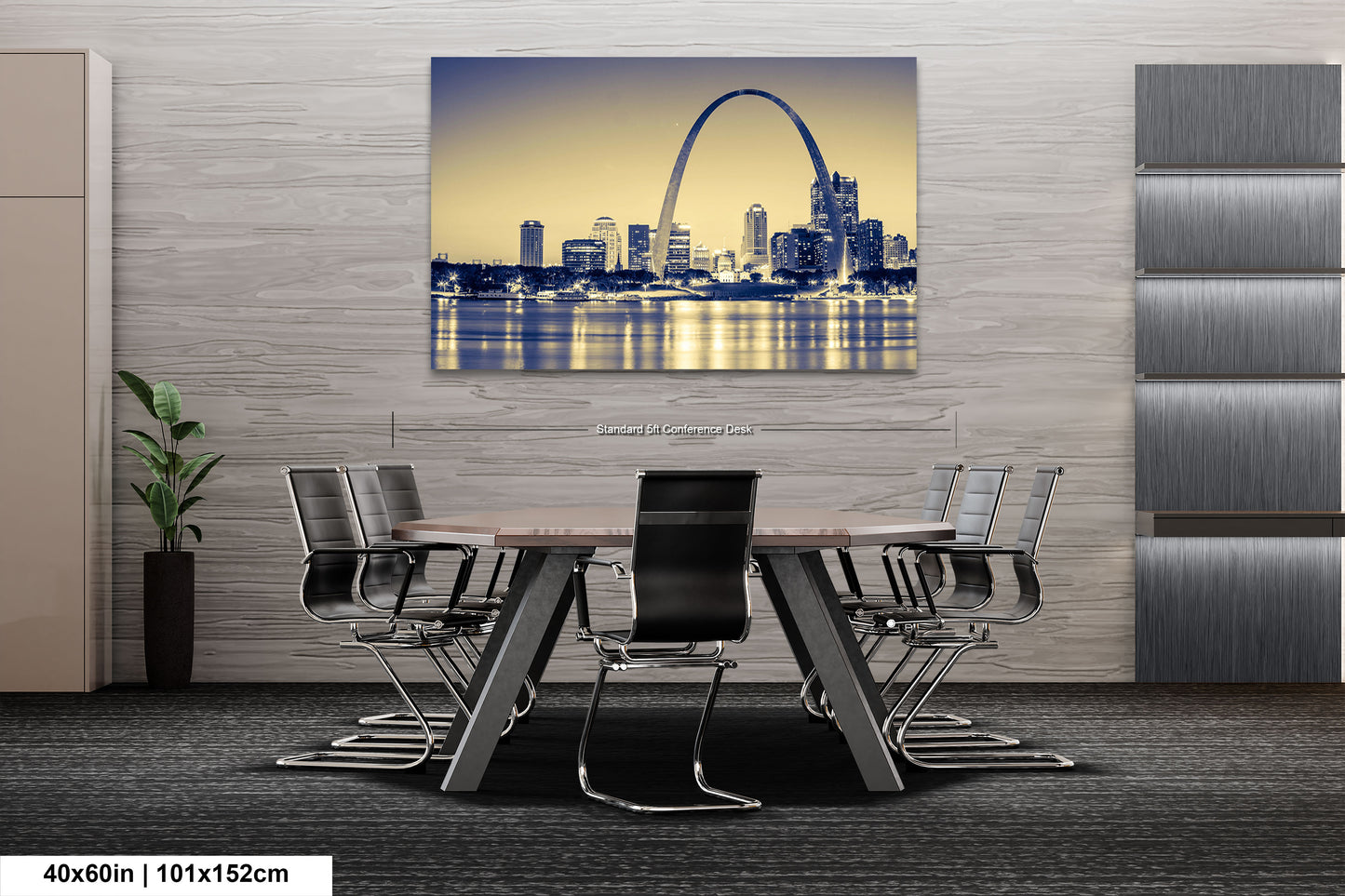 a dining room table with a view of the st louis skyline