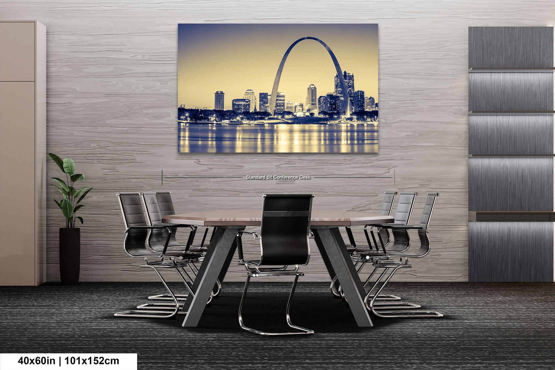 a dining room table with a view of the st louis skyline