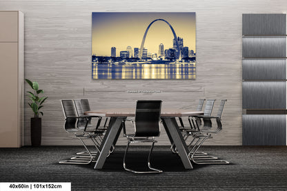 a dining room table with a view of the st louis skyline