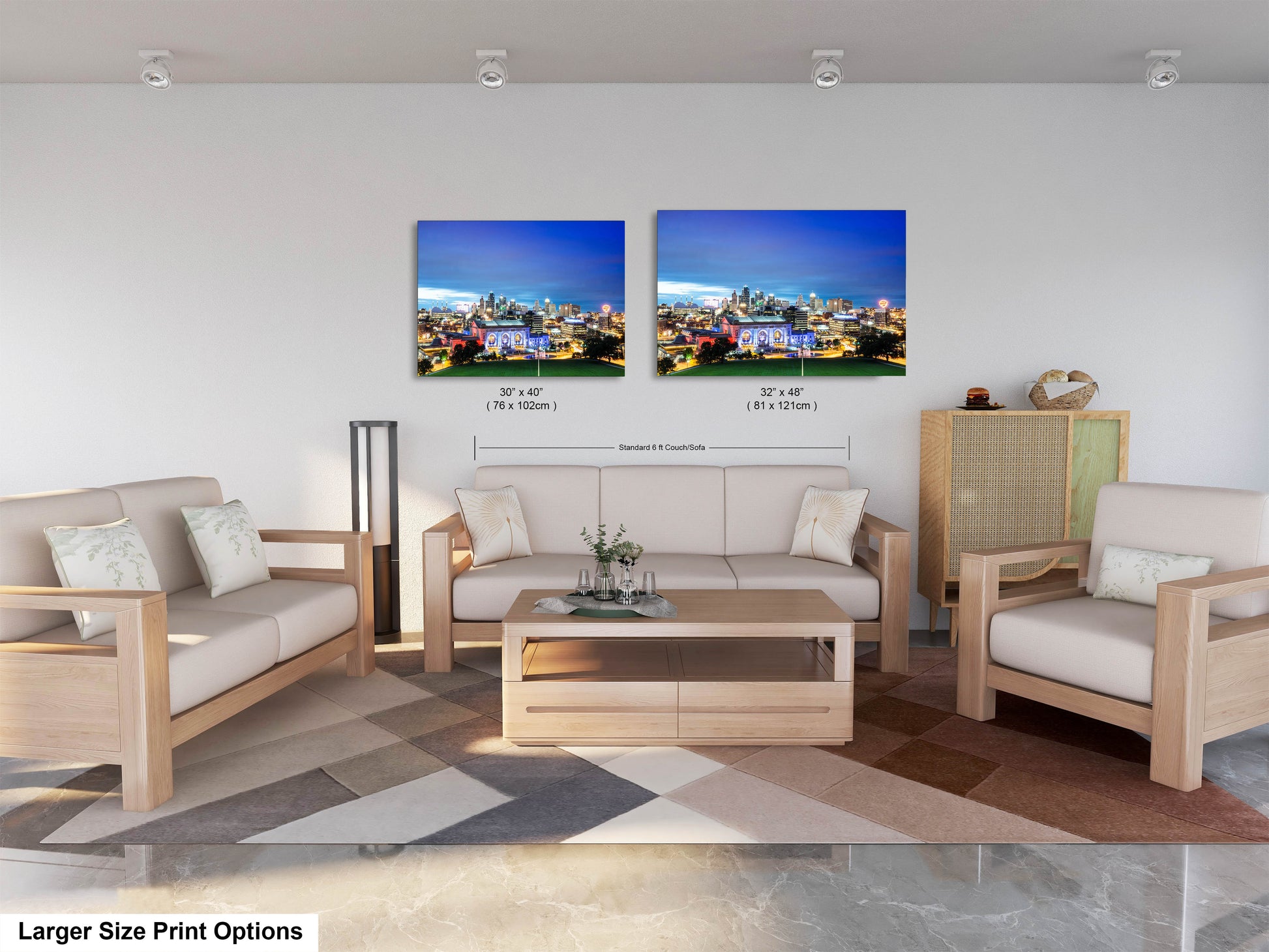 a living room with two pictures on the wall
