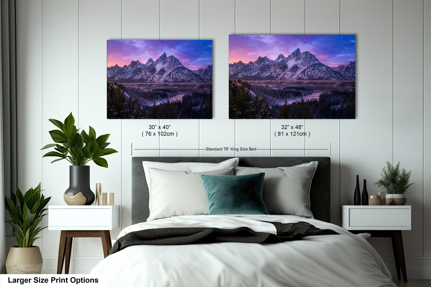 a bedroom with a bed and two pictures on the wall