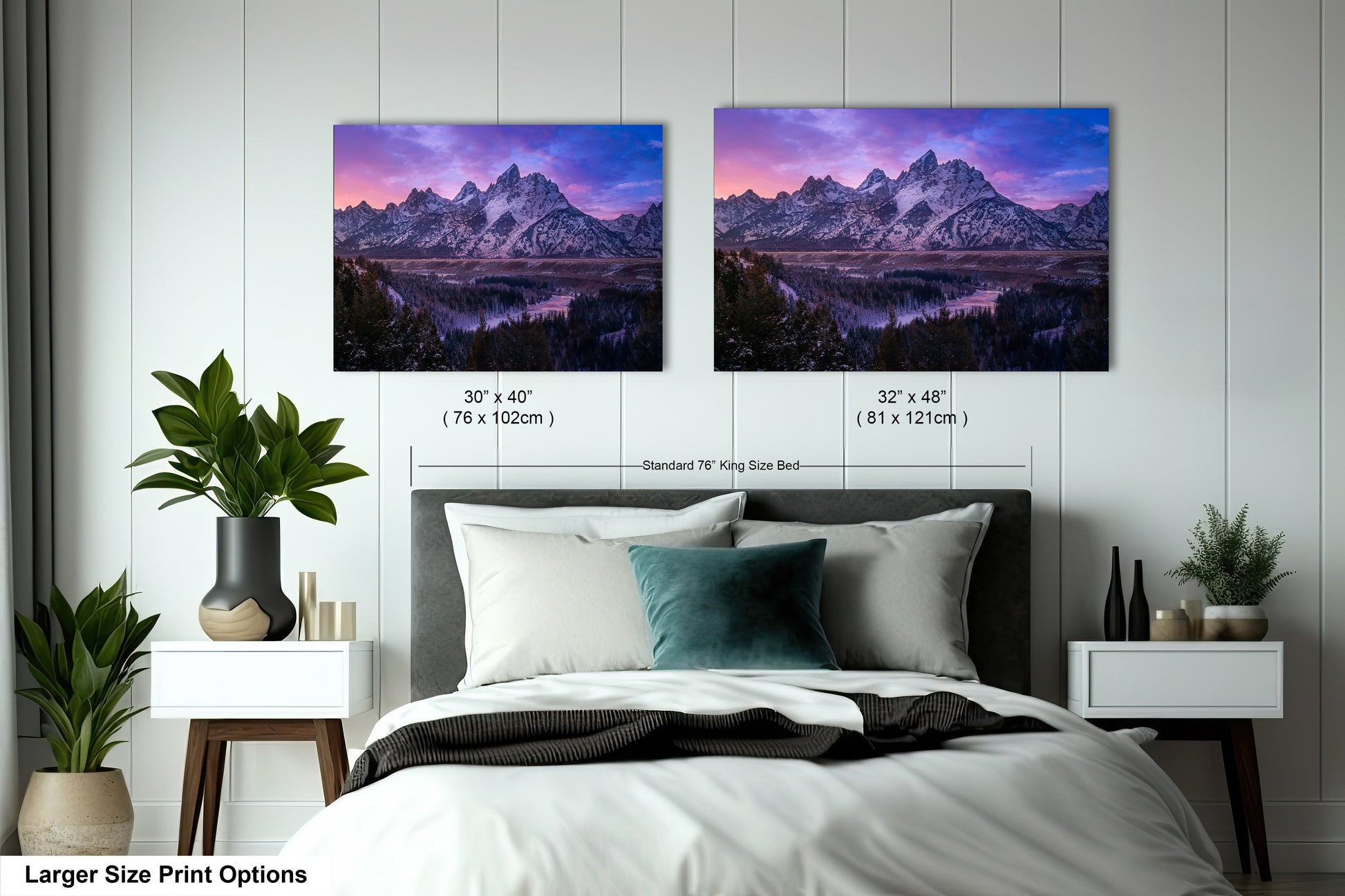 a bedroom with a bed and two pictures on the wall
