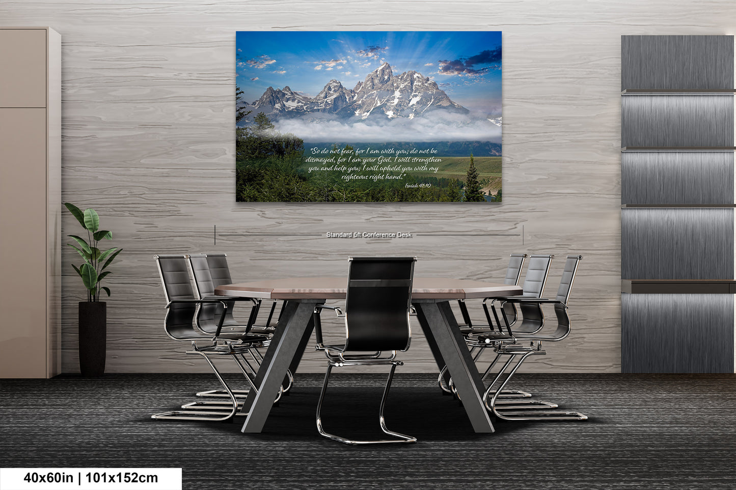 a dining room table with chairs and a painting on the wall