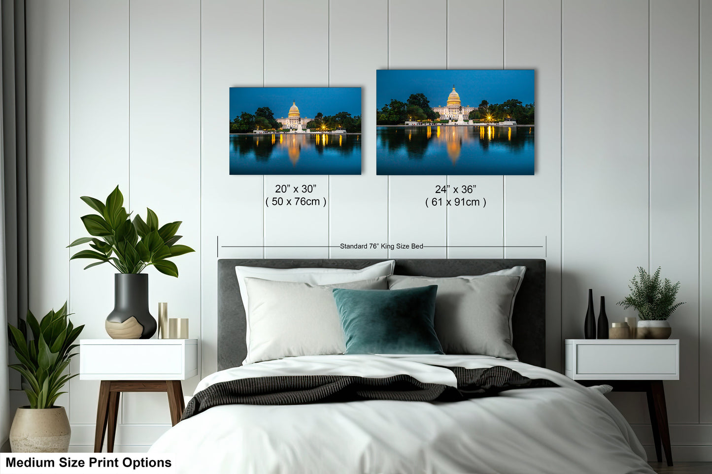a bedroom with a bed and two pictures on the wall