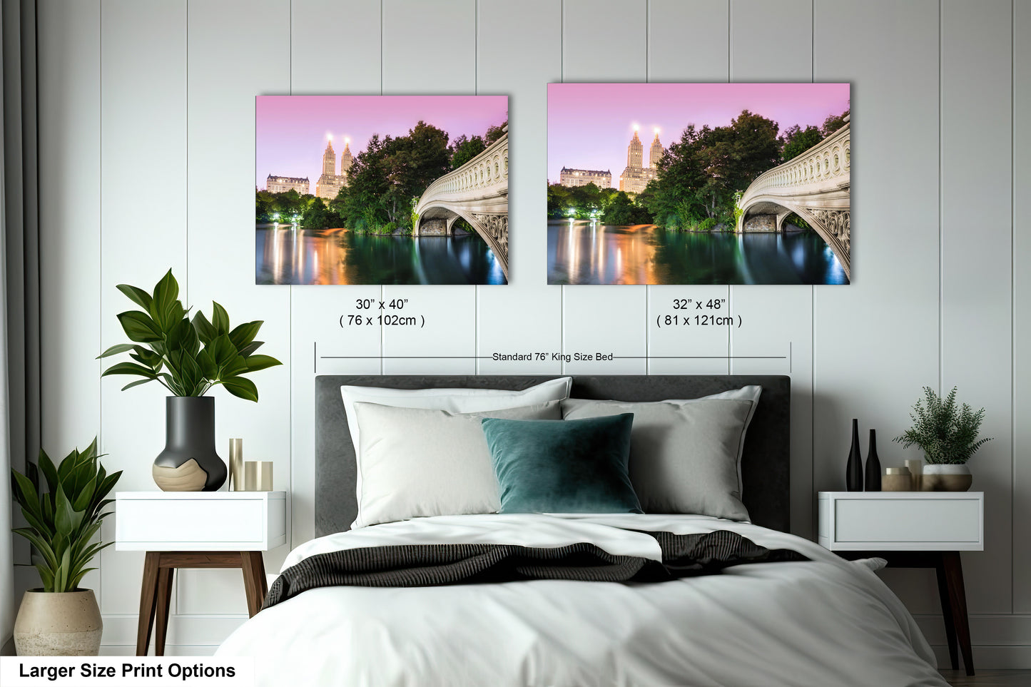a bedroom with a bed and two pictures on the wall