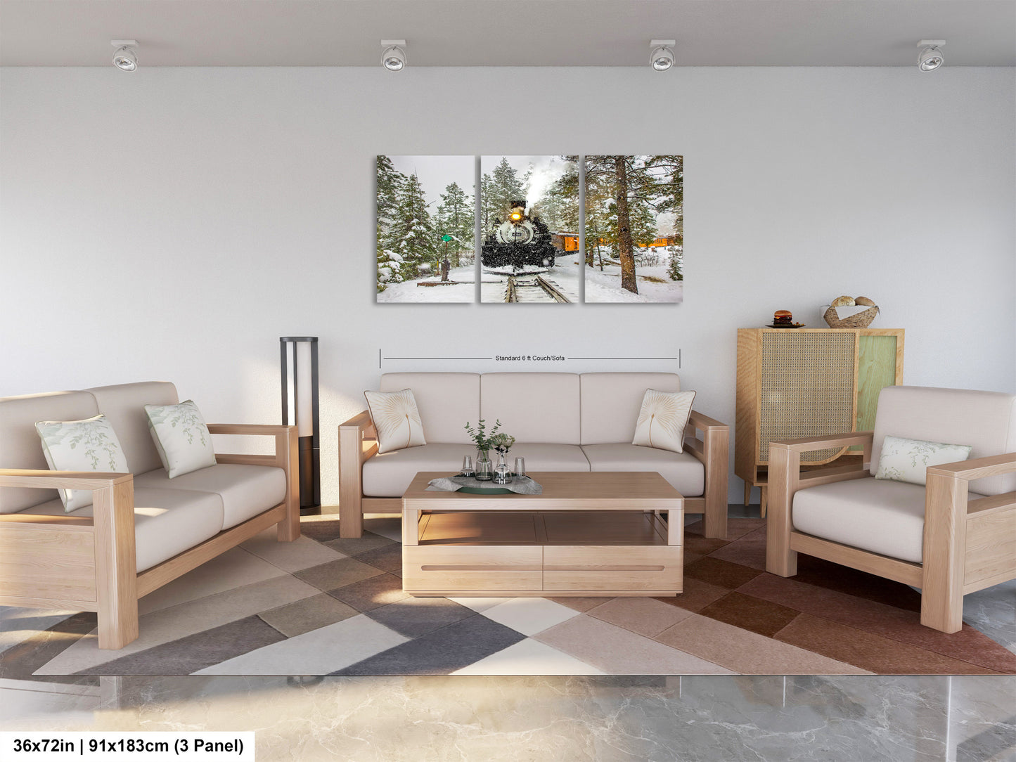 a living room filled with furniture and a painting on the wall