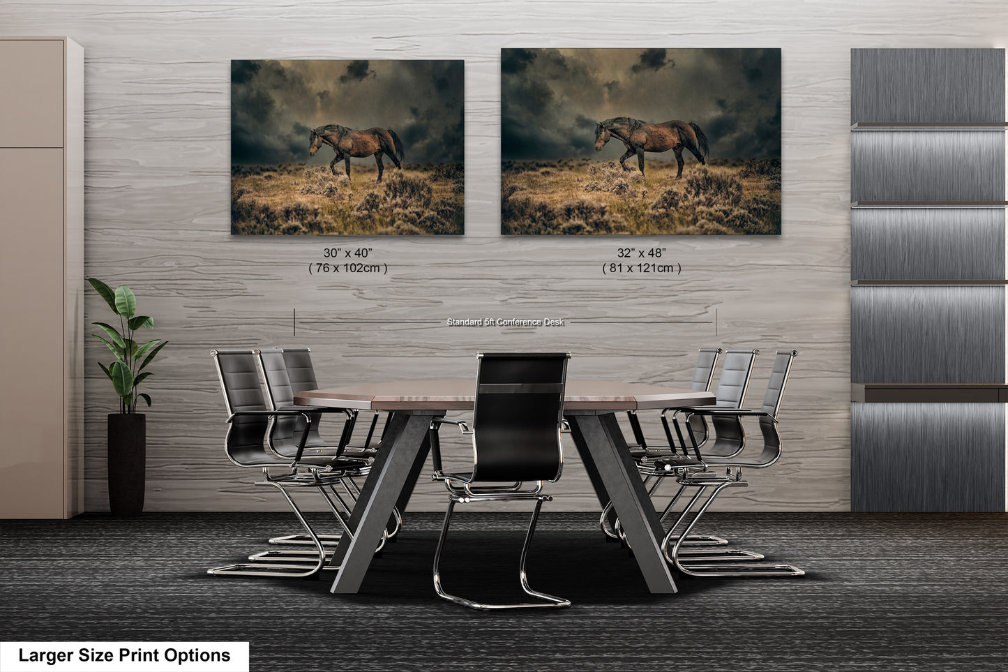 two pictures of a horse on a wall above a table