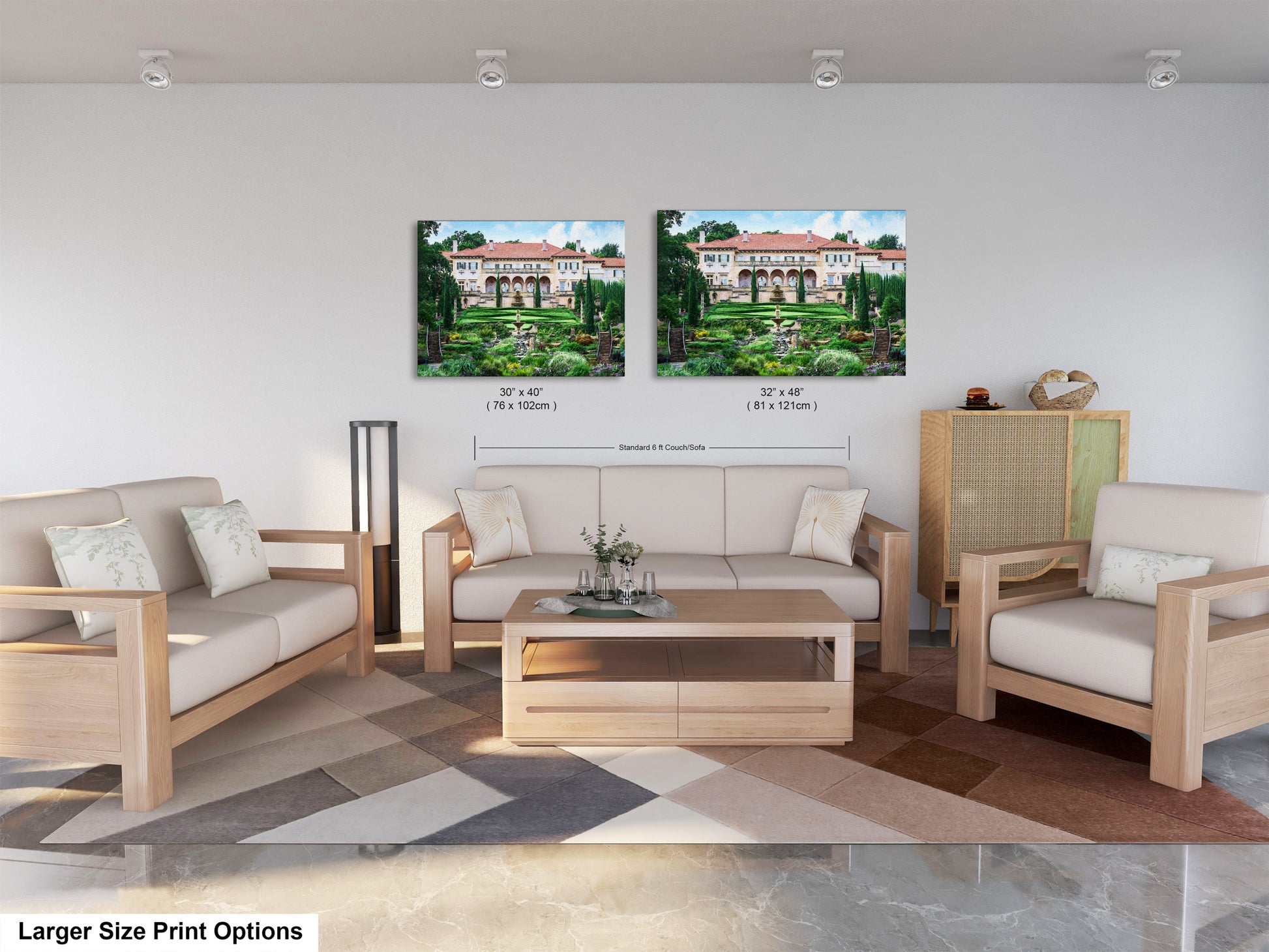a living room filled with furniture and a painting on the wall