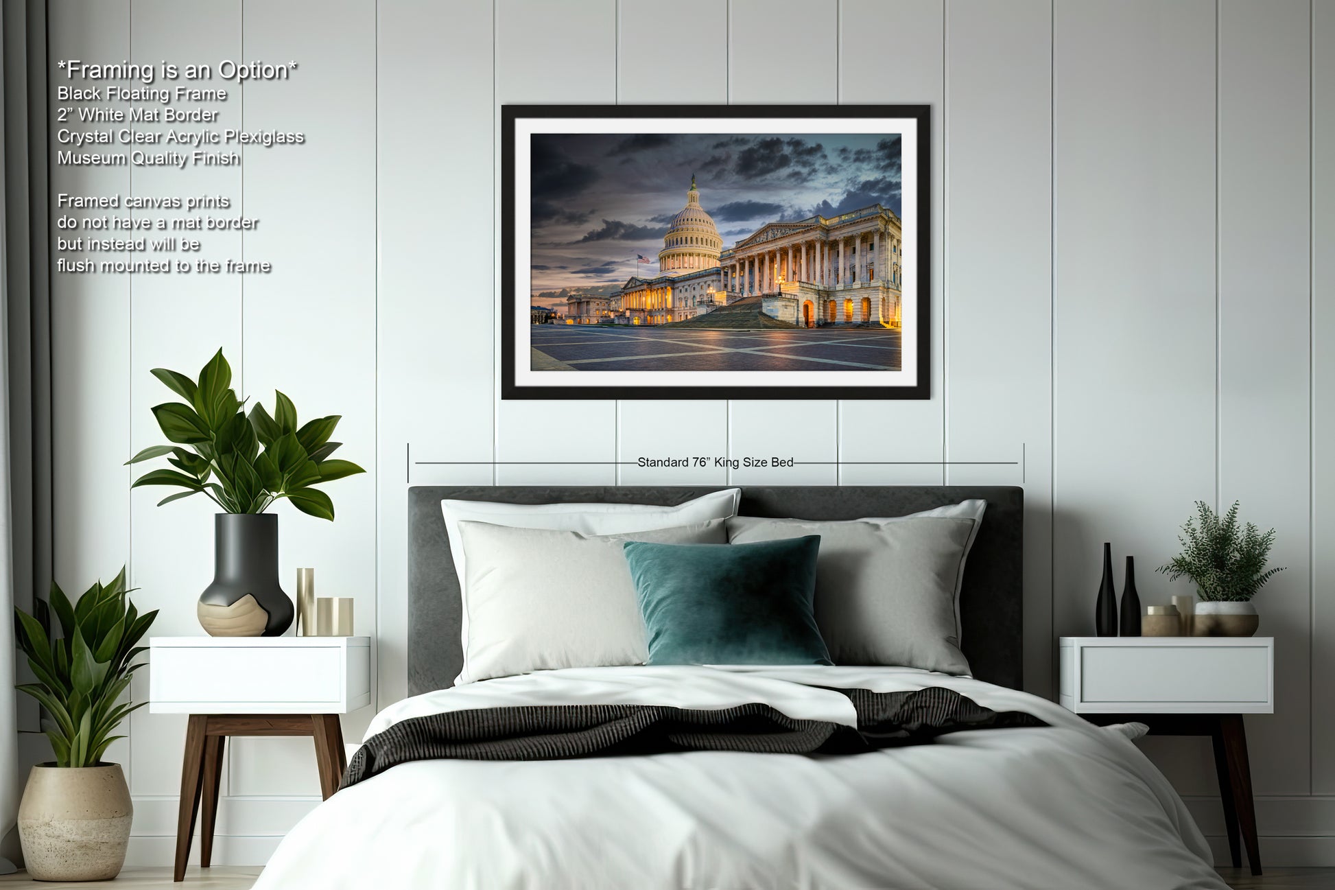 a bedroom with a bed and a picture hanging on the wall