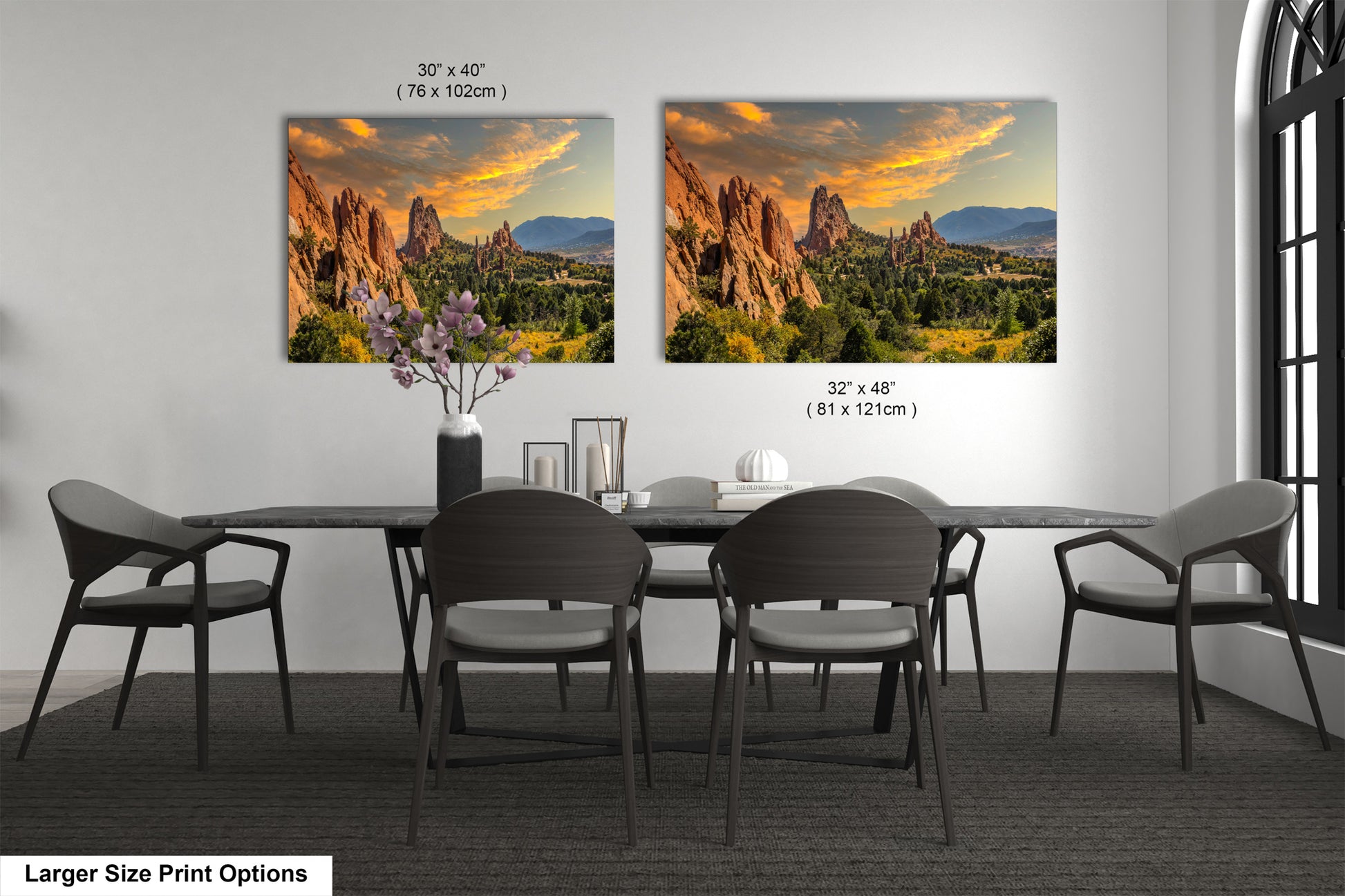 a dining room with a table and chairs