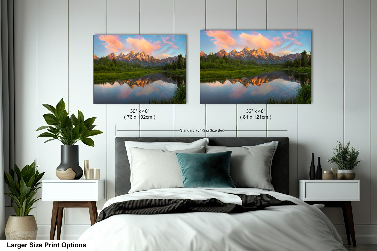 a bedroom with a bed and two pictures on the wall