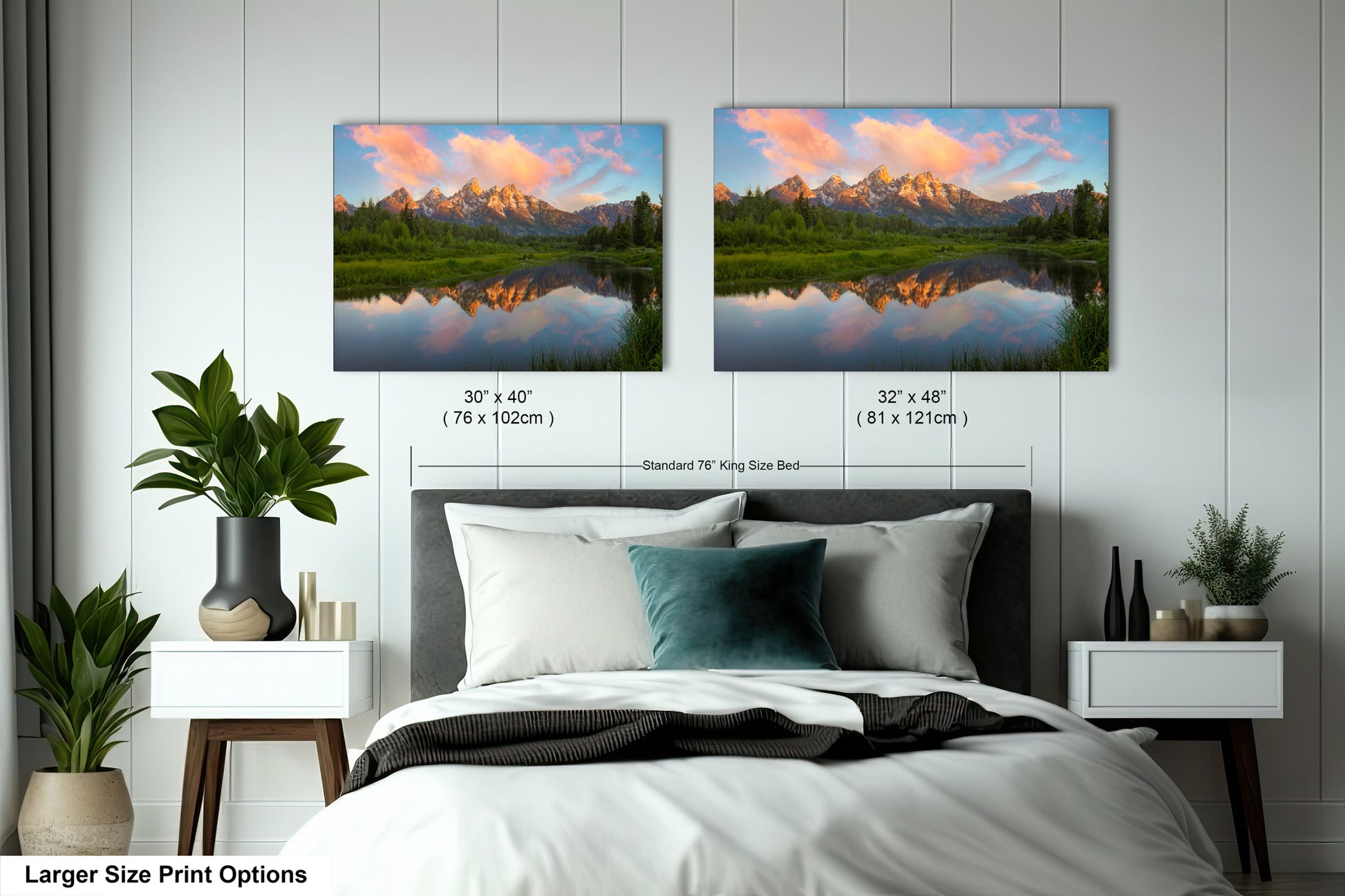 a bedroom with a bed and two pictures on the wall