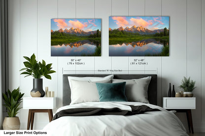 a bedroom with a bed and two pictures on the wall