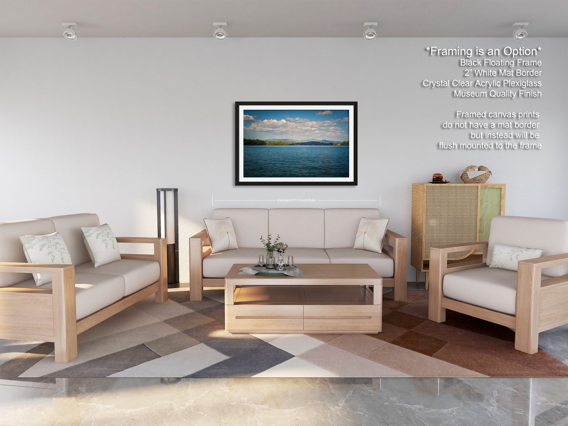 a modern living room with a large framed picture of a serene landscape hanging on the wall. The room is furnished with a sofa, two armchairs, and a coffee table, creating a comfortable and inviting atmosphere.