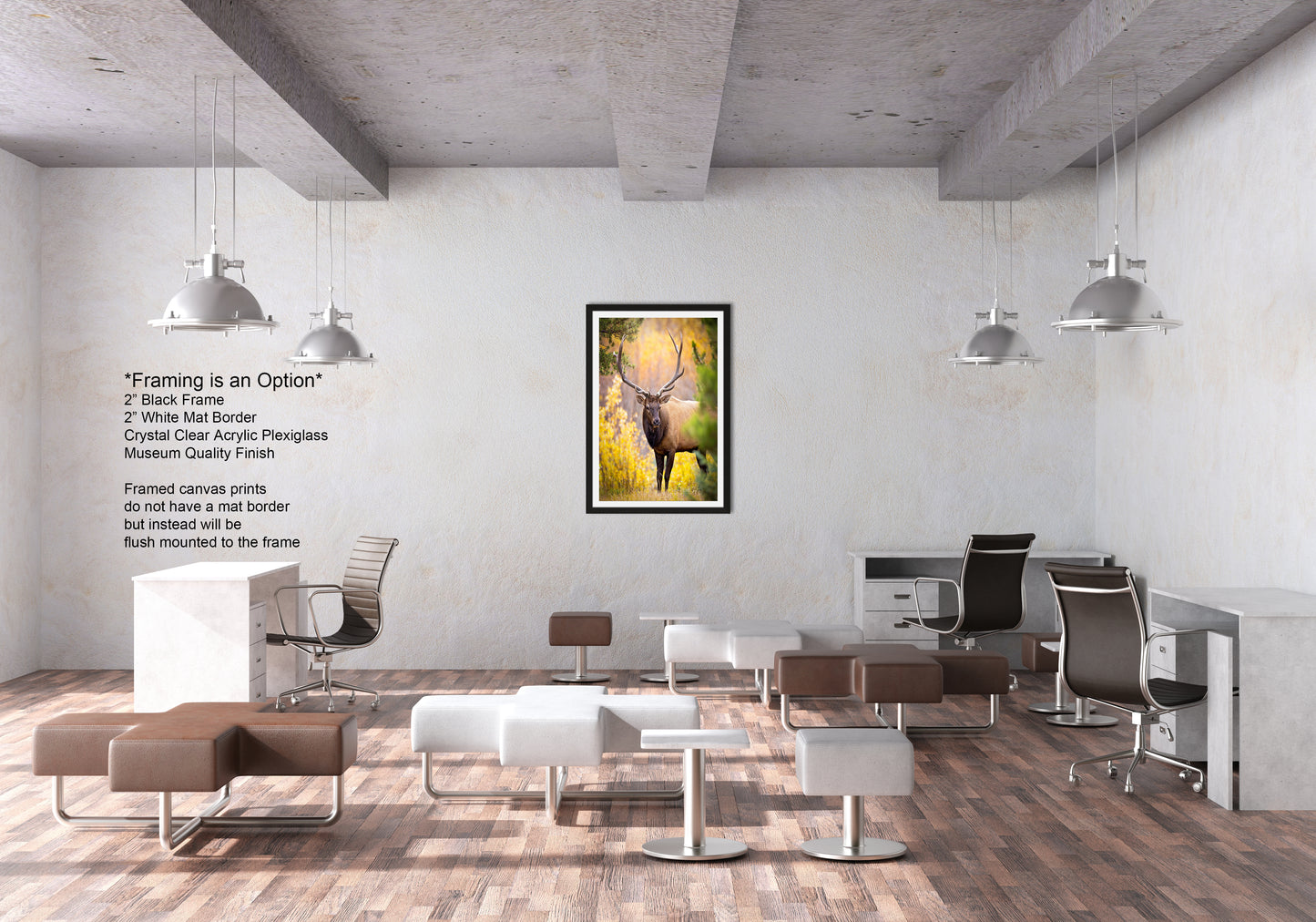 a room with a lot of chairs and a picture on the wall