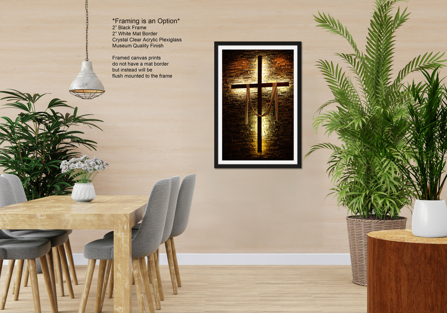 a room with a table and chairs and a cross on the wall