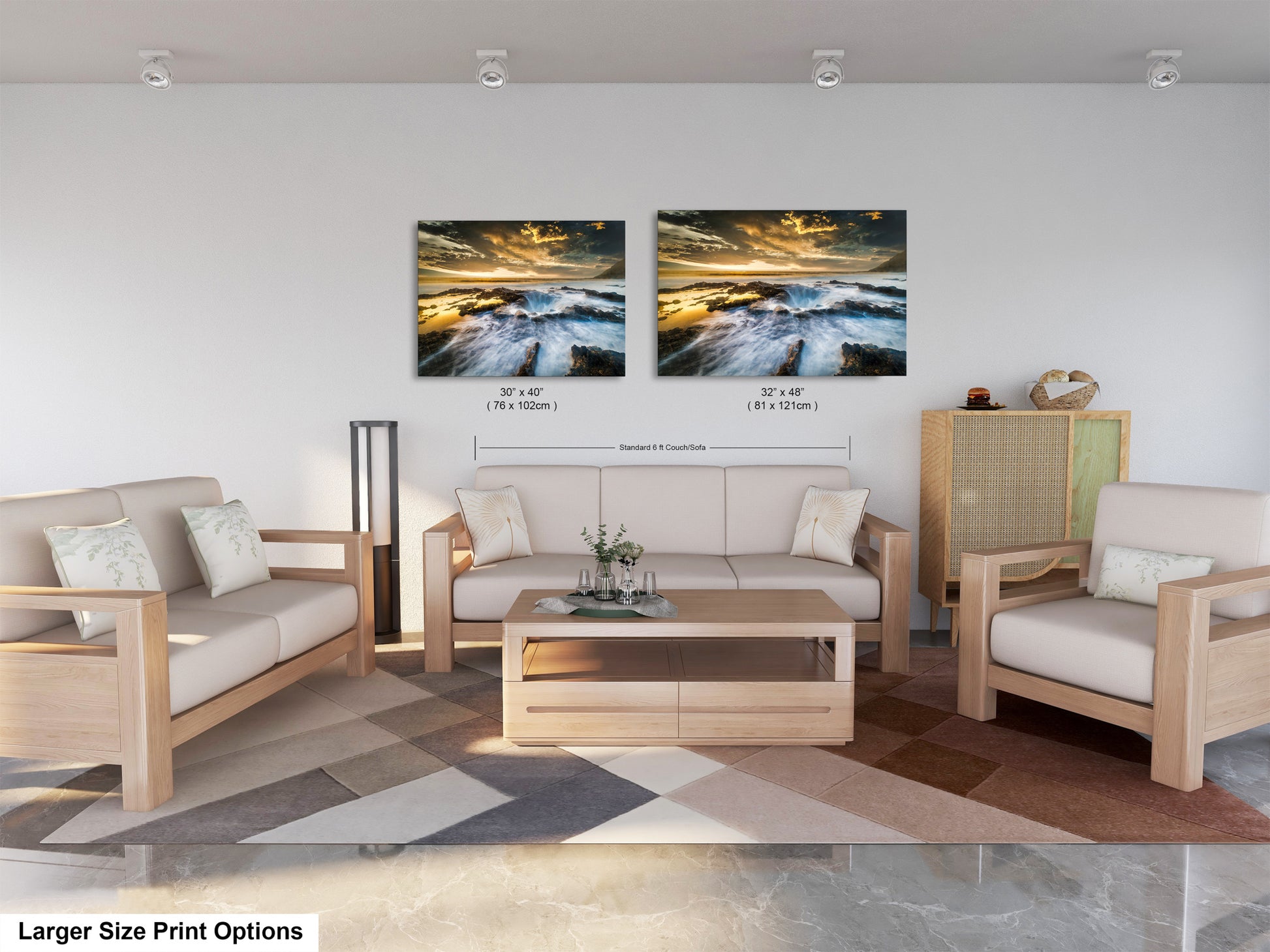 a living room filled with furniture and a painting on the wall