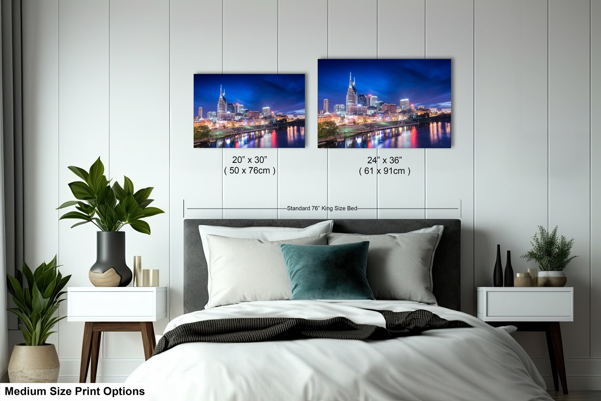 a bedroom with a bed and two pictures on the wall