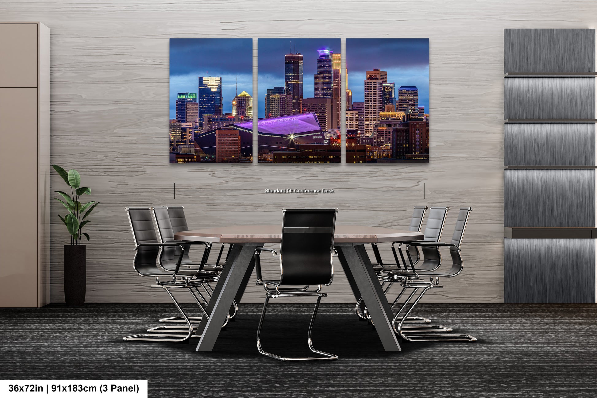 a dining room table with chairs in front of a cityscape