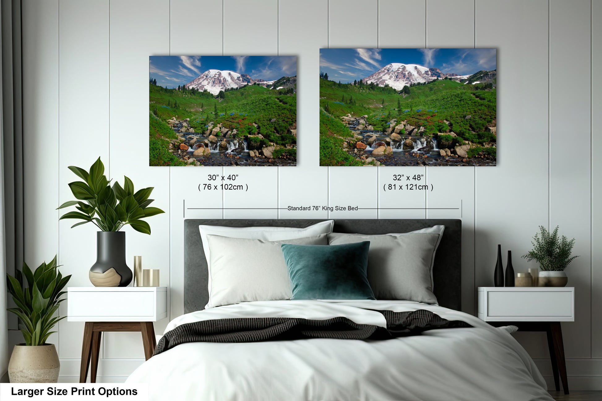 a bedroom with a bed and two pictures on the wall