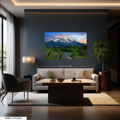 a living room with a large painting of a mountain